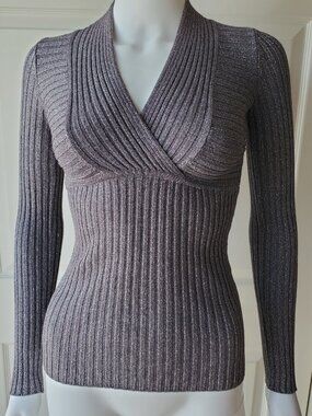 INC Grey & Silver Metallic Knit V Neck Sweater Top Size XS